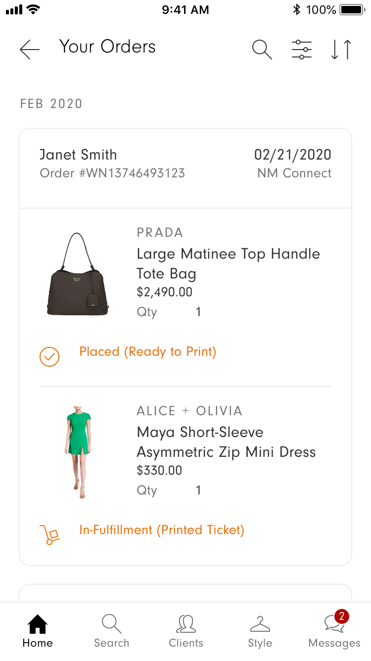 Neiman Marcus Connect app order history screen