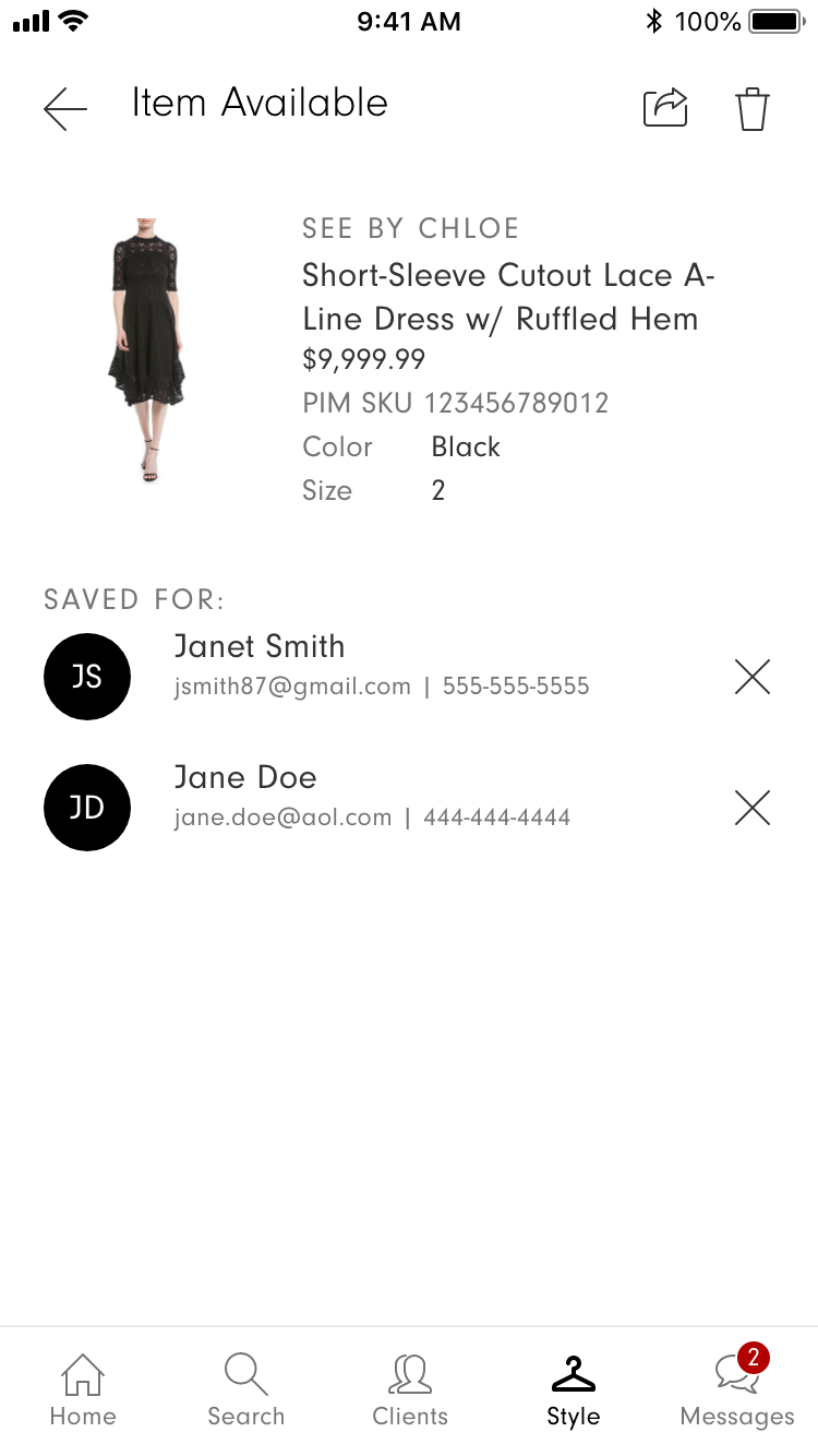 Neiman Marcus Connect app SKU tracker screen
