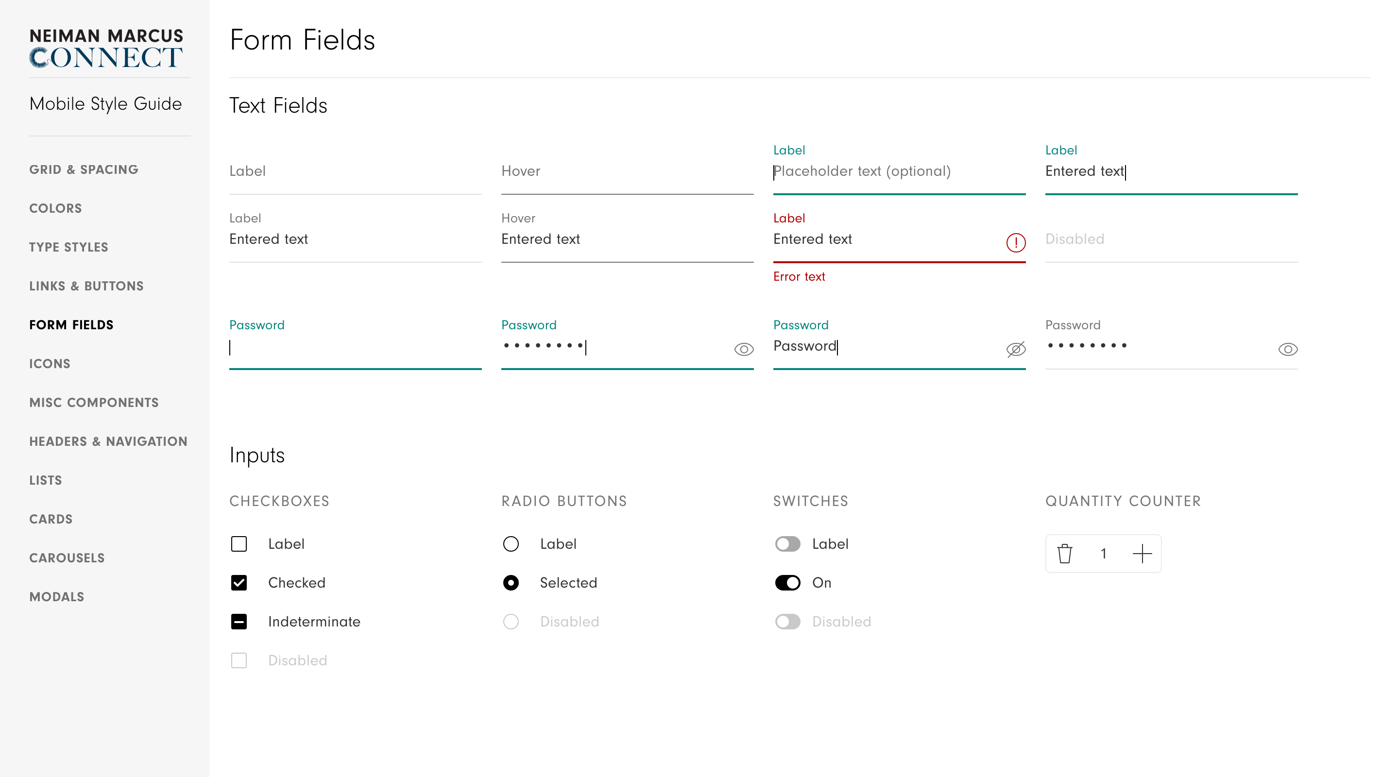 Neiman Marcus Connect app design system form fields