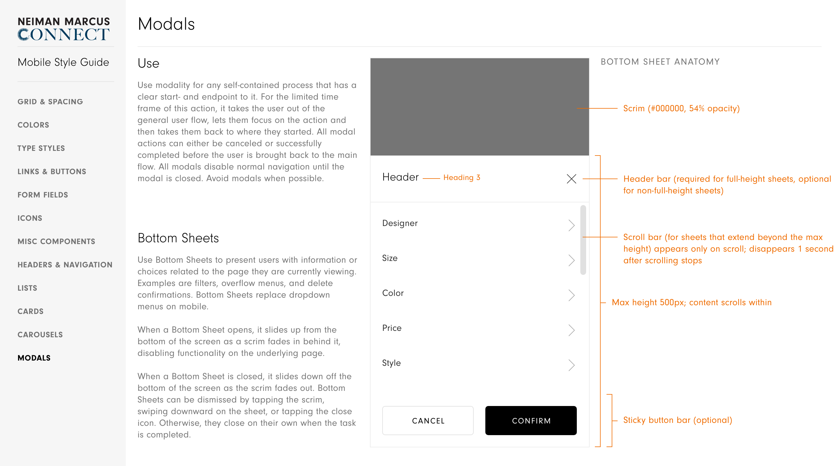 Neiman Marcus Connect app design system modals